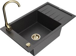 MEXEN/S - Elias granitový drez s odkvapkávačom vrátane batérie Telma, čierna kropenatá (6511-76-670200-50)