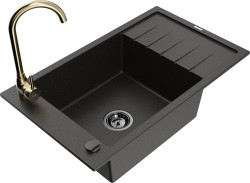 MEXEN/S - Elias granitový drez s odkvapkávačom vrátane batérie Telma, čierna/zlatá (6511-75-670200-50-B)