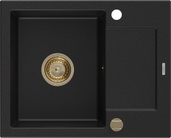 MEXEN/S - Enzo granitový drez 1-miska s odkvapkávačom 576 x 465 mm, čierny, zlatý sifón (6506571005-77-G)