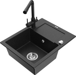 MEXEN/S - Enzo granitový drez 1-miska s odkvapkávačom vrátane batérie Duero, čierna/strieborná metalík (6506-73-671600-70)