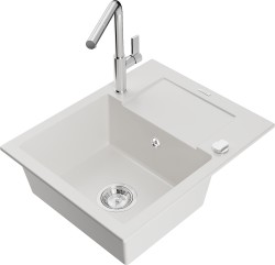 MEXEN/S - Enzo granitový drez 1-miska s odkvapkávačom vrátane batérie Flora, biela (6506-20-670401-00)