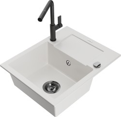 MEXEN/S - Enzo granitový drez 1-miska s odkvapkávačom vrátane batérie Flora, biela (6506-20-670401-70-B)