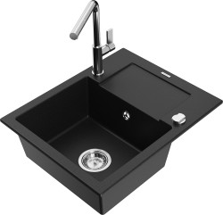 MEXEN/S - Enzo granitový drez 1-miska s odkvapkávačom vrátane batérie Flora, čierna (6506-77-670401-00)