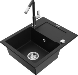 MEXEN/S - Enzo granitový drez 1-miska s odkvapkávačom vrátane batérie Flora, čierna (6506-77-670401-07)