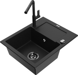 MEXEN/S - Enzo granitový drez 1-miska s odkvapkávačom vrátane batérie Flora, čierna (6506-77-670401-70-B)