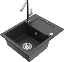 MEXEN/S - Enzo granitový drez 1-miska s odkvapkávačom vrátane batérie Flora, čierna kropenatá (6506-76-670401-00)