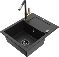 MEXEN/S - Enzo granitový drez 1-miska s odkvapkávačom vrátane batérie Flora, čierna/strieborná metalík (6506-73-670401-57-B)