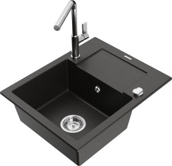 MEXEN/S - Enzo granitový drez 1-miska s odkvapkávačom vrátane batérie Flora, čierna/zlatá metalik (6506-75-670401-00)