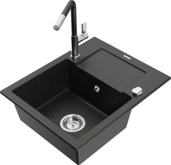 MEXEN/S - Enzo granitový drez 1-miska s odkvapkávačom vrátane batérie Flora, čierna/zlatá metalik (6506-75-670401-07)