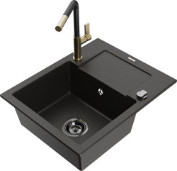 MEXEN/S - Enzo granitový drez 1-miska s odkvapkávačom vrátane batérie Flora, čierna/zlatá metalik (6506-75-670401-57-B)