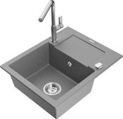 MEXEN/S - Enzo granitový drez 1-miska s odkvapkávačom vrátane batérie Flora, šedá (6506-71-670401-00)