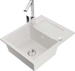 MEXEN/S - Enzo granitový drez 1-miska s odkvapkávačom vrátane batérie Rita, biela (6506-20-670300-00)