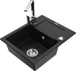 MEXEN/S - Enzo granitový drez 1-miska s odkvapkávačom vrátane batérie Rita, čierny (6506-77-670300-00)