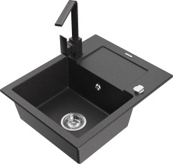 MEXEN/S - Enzo granitový drez 1-miska s odkvapkávačom vrátane batérie Rita, čierny kropenatý (6506-76-670300-76)
