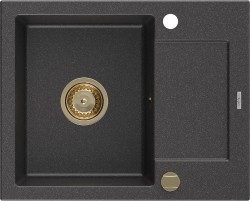 MEXEN/S - Enzo granitový drez 1 s odkvapkávačom 576x465 mm, čierna kropenatá, + zlatý sifón (6506571005-76-G)