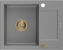 MEXEN/S - Enzo granitový drez 1 s odkvapkávačom 576x465 mm, sivá, + zlatý sifón (6506571005-71-G)
