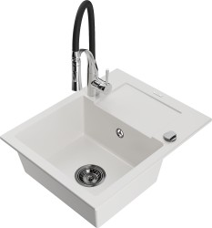 MEXEN/S - Enzo granitový drez 1 s odkvapkávačom vrátane batérie Aster, biela (6506-20-73450-07-B)