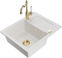 MEXEN/S - Enzo granitový drez 1 s odkvapkávačom vrátane batérie Carla, biela (6506-20-670700-50)