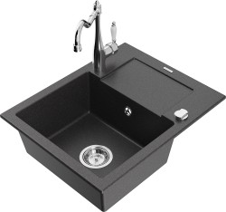 MEXEN/S - Enzo granitový drez 1 s odkvapkávačom vrátane batérie Carla, čierna kropenatá (6506-76-670700-00)