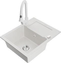 MEXEN/S - Enzo granitový drez 1 s odkvapkávačom vrátane batérie Elia, biela (6506-20-670101-20)