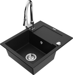 MEXEN/S - Enzo granitový drez 1 s odkvapkávačom vrátane batérie Elia, čierna (6506-77-670101-00)