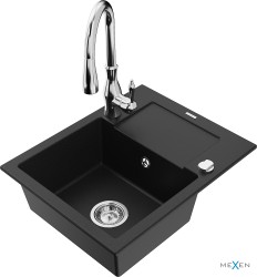 MEXEN/S - Enzo granitový drez 1 s odkvapkávačom vrátane batérie Savita, čierna (6506-77-672601-00)
