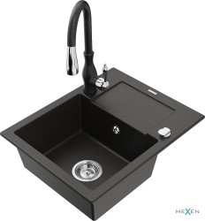 MEXEN/S - Enzo granitový drez 1 s odkvapkávačom vrátane batérie Savita, čierna/zlatá metalik (6506-75-672601-70)