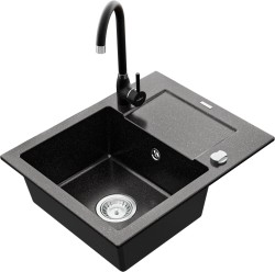 MEXEN/S - Enzo granitový drez 1 s odkvapkávačom vrátane batérie Telma, čierna/strieborný (6506-73-670200-70)