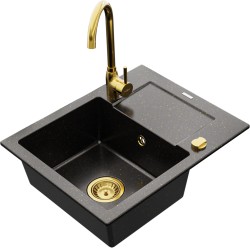 MEXEN/S - Enzo granitový drez 1 s odkvapkávačom vrátane batérie Telma, čierna/zlatý (6506-75-670200-50)