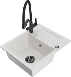 MEXEN/S - Enzo granitový drez s odkvapkávačom vrátane batérie Duo, biela (6506-20-671701-70-B)