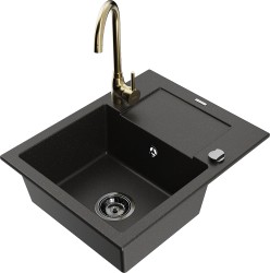 MEXEN/S - Enzo granitový drez s odkvapkávačom vrátane batérie Telma, čierna/zlatá (6506-75-670200-50-B)