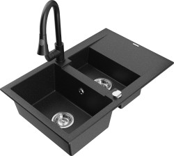 MEXEN/S - Gaspar granitový drez 1.5 s odkvapkávačom vrátane batérie Elia, čierna/strieborná metalík (6507-73-670101-70)