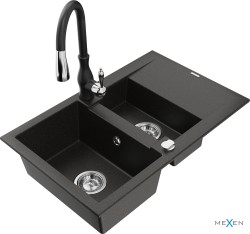 MEXEN/S - Gaspar granitový drez 1.5 s odkvapkávačom vrátane batérie Savita, čierna/zlatá (6507-75-672601-70)