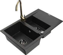 MEXEN/S - Gaspar granitový drez 1.5 s odkvapkávačom vrátane batérie Telma, čierna/zlatá (6507-75-670200-50-B)