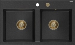 MEXEN/S - Hektor granitový drez 2-bowl 800 x 480 mm, čierna/strieborná metalík, zlatý sifón (6521802000-73-G)
