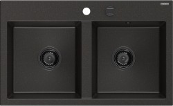 MEXEN/S - Hektor granitový drez 2-bowl 800 x 480 mm, čierna/zlatá metalik, čierny sifón (6521802000-75-B)