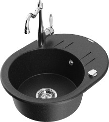 MEXEN/S - Kevin granitový drez 1-miska s odkvapkávačom vrátane batérie Carla, čierna/strieborná metalík (6517-73-670700-00)