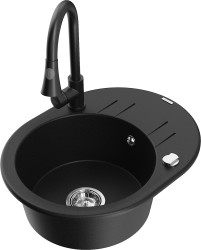 MEXEN/S - Kevin granitový drez 1-miska s odkvapkávačom vrátane batérie Elia, čierna (6517-77-670101-70)