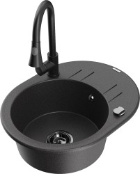 MEXEN/S - Kevin granitový drez 1-miska s odkvapkávačom vrátane batérie Elia, čierna kropenatá (6517-76-670101-70-B)