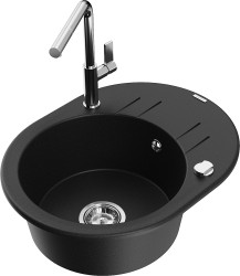 MEXEN/S - Kevin granitový drez 1-miska s odkvapkávačom vrátane batérie Flora, čierna (6517-77-670401-00)