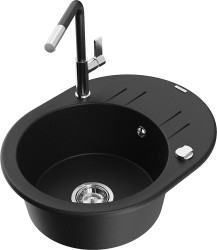 MEXEN/S - Kevin granitový drez 1-miska s odkvapkávačom vrátane batérie Flora, čierna (6517-77-670401-07)