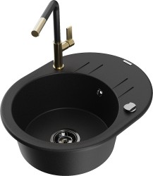 MEXEN/S - Kevin granitový drez 1-miska s odkvapkávačom vrátane batérie Flora, čierna (6517-77-670401-57-B)