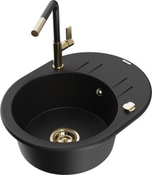 MEXEN/S - Kevin granitový drez 1-miska s odkvapkávačom vrátane batérie Flora, čierna (6517-77-670401-57-G)