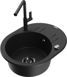 MEXEN/S - Kevin granitový drez 1-miska s odkvapkávačom vrátane batérie Flora, čierna (6517-77-670401-70-B)