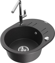 MEXEN/S - Kevin granitový drez 1-miska s odkvapkávačom vrátane batérie Flora, čierna kropenatá (6517-76-670401-00)