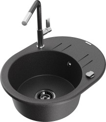 MEXEN/S - Kevin granitový drez 1-miska s odkvapkávačom vrátane batérie Flora, čierna kropenatá (6517-76-670401-08-B)
