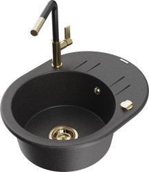 MEXEN/S - Kevin granitový drez 1-miska s odkvapkávačom vrátane batérie Flora, čierna kropenatá (6517-76-670401-57-G)