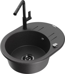 MEXEN/S - Kevin granitový drez 1-miska s odkvapkávačom vrátane batérie Flora, čierna kropenatá (6517-76-670401-70-B)