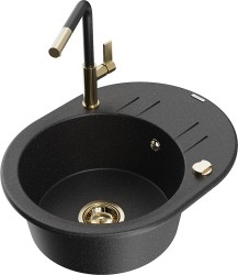 MEXEN/S - Kevin granitový drez 1-miska s odkvapkávačom vrátane batérie Flora, čierna/srebrny metalik (6517-73-670401-57-G)