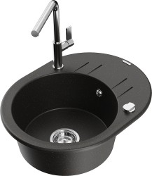 MEXEN/S - Kevin granitový drez 1-miska s odkvapkávačom vrátane batérie Flora, čierna/zlatá metalik (6517-75-670401-00)